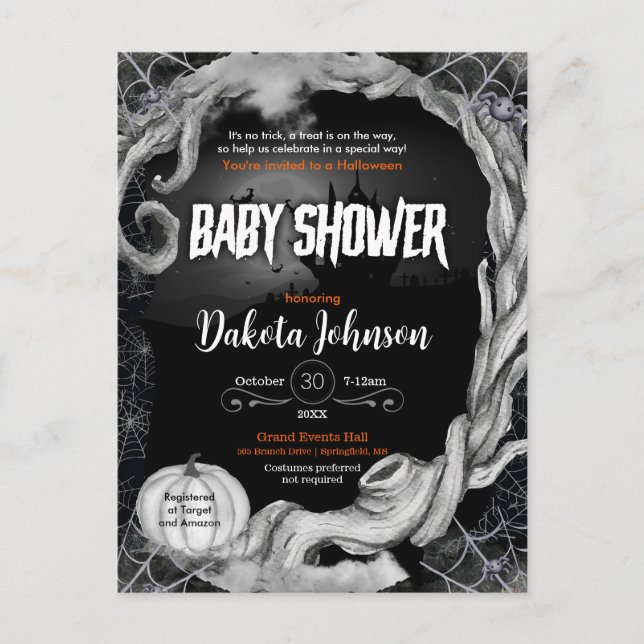 Invitation Baby shower d'Halloween noir avec Regis (Devant)