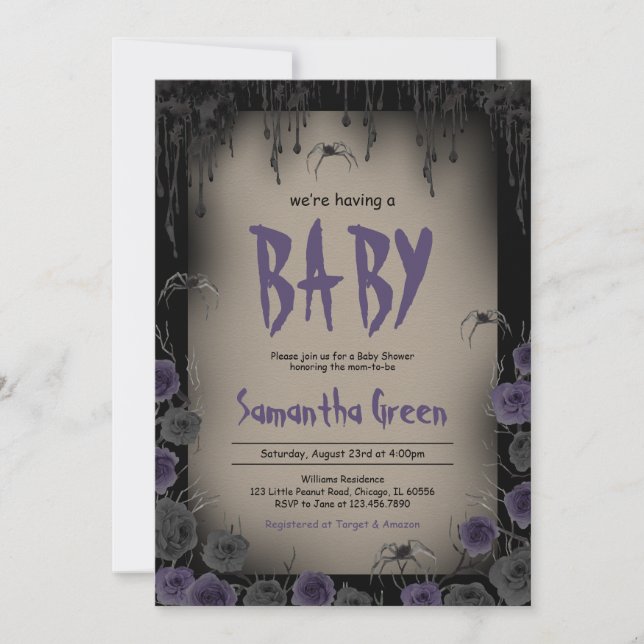 Invitation Baby shower d'Halloween pourpre pour bébé fille (Devant)