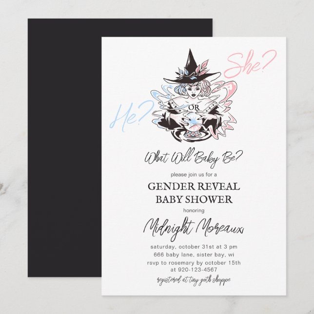 Invitation Baby shower d'Halloween révélateur de genre sorciè (Devant / Derrière)