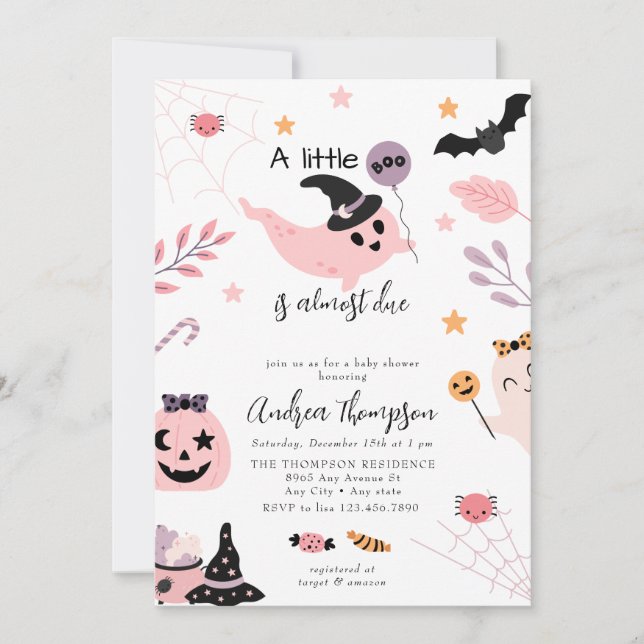 Invitation Baby shower d'Halloween rose (Devant)