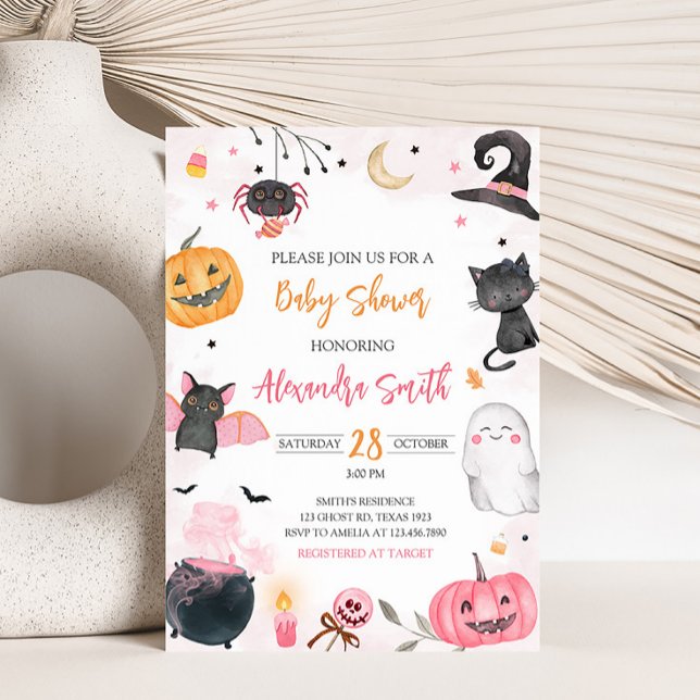 Invitation Baby shower d'Halloween rose (Pink Ghost Halloween Baby Shower Invitation)