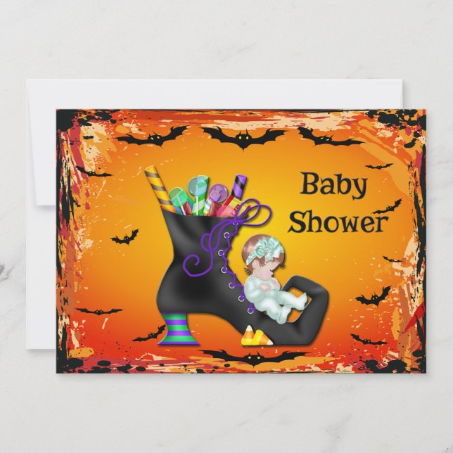Invitation Baby shower d'Halloween sur la sorcière de bonbons (Devant)