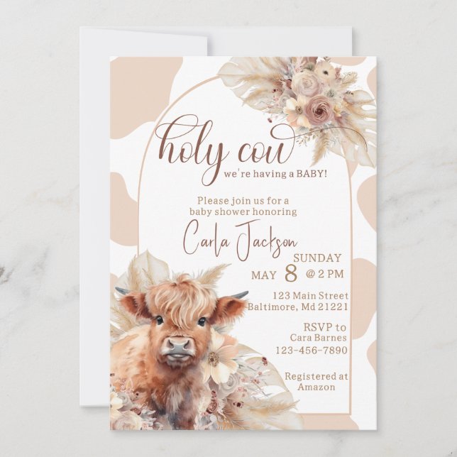 Invitation baby shower d'herbe boho de vache de haute terre (Devant)