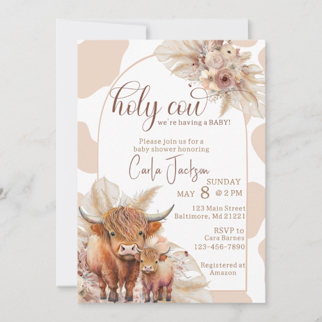 Invitation baby shower d'herbe boho de vache de haute terre (Devant)