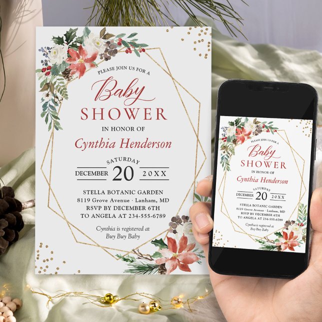 Invitation Baby shower d'hiver à cadre d'or fleuri Poinsettia (Perfect choice for a winter-themed baby shower, allowing you to set the stage for a joyful time.)