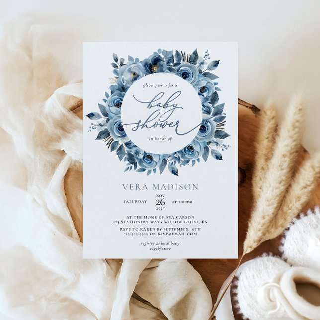 Invitation Baby shower d'hiver à cadre floral bleu poussiéreu (Créateur téléchargé)