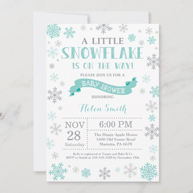 Invitation Baby shower d'hiver Aqua Flocon de neig (Devant)
