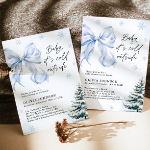 Invitation Baby shower d'hiver, Bleu Bow Il fait froid dehors
