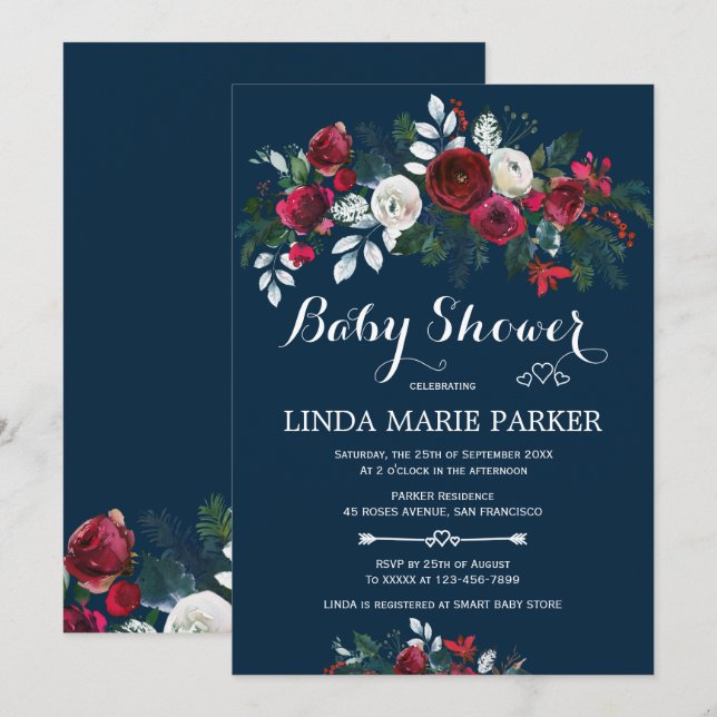 Invitation Baby shower d'hiver bleu marine (Devant / Derrière)