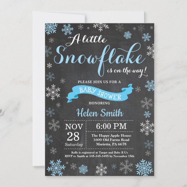 Invitation Baby shower d'hiver Blue Snowflake Chalkboard (Devant)