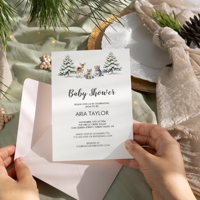 Invitation Baby shower d'hiver Bois Bébé Animaux (Créateur téléchargé)