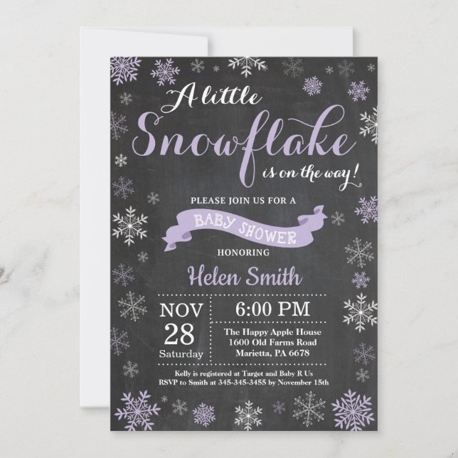 Invitation Baby shower d'hiver Chalet de flocon de neige viol (Devant)