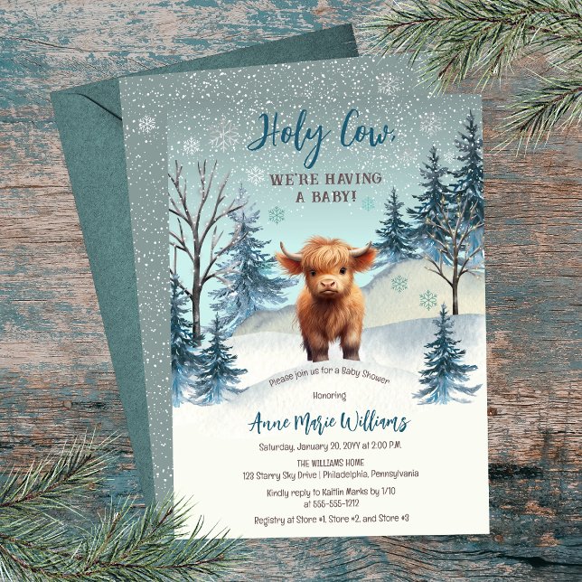 Invitation Baby shower d'hiver de la Vache Sainte-Vache sur l (Cute Highland Calf "Holy Cow, We're Having a Baby!" Winter Baby Shower Invitation)