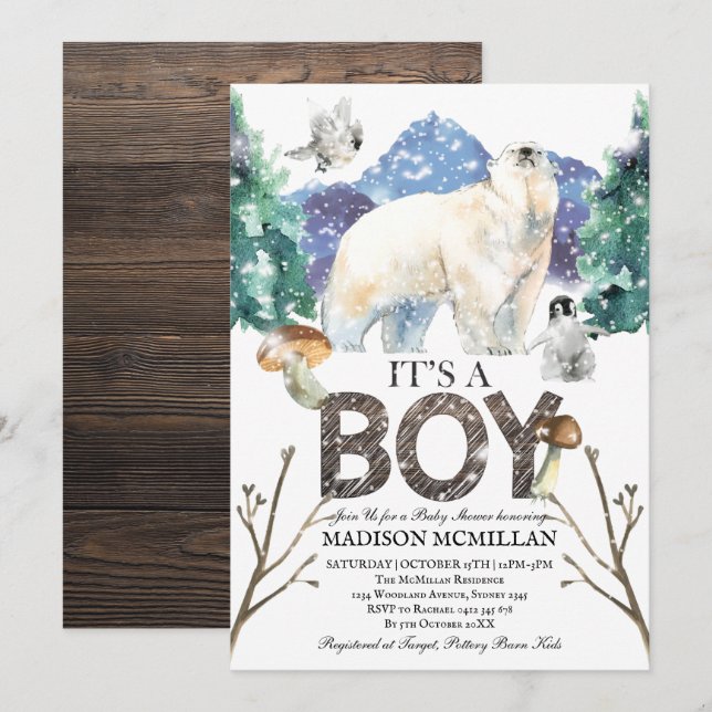 Invitation Baby shower d'hiver de l'ours polaire (Devant / Derrière)