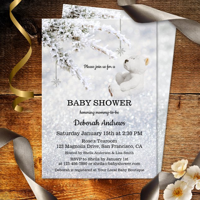 Invitation Baby shower d'hiver de neige mousseuse (Dreamy and magical gender neutral baby shower invitation with a teddy bear in a sparkling snow scene)