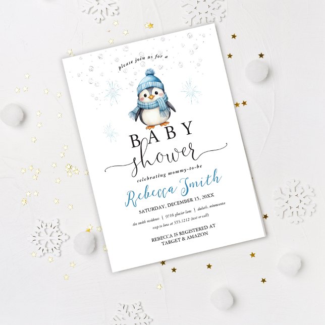Invitation Baby shower d'hiver de Pingouin de garçon bleu mou (Créateur téléchargé)