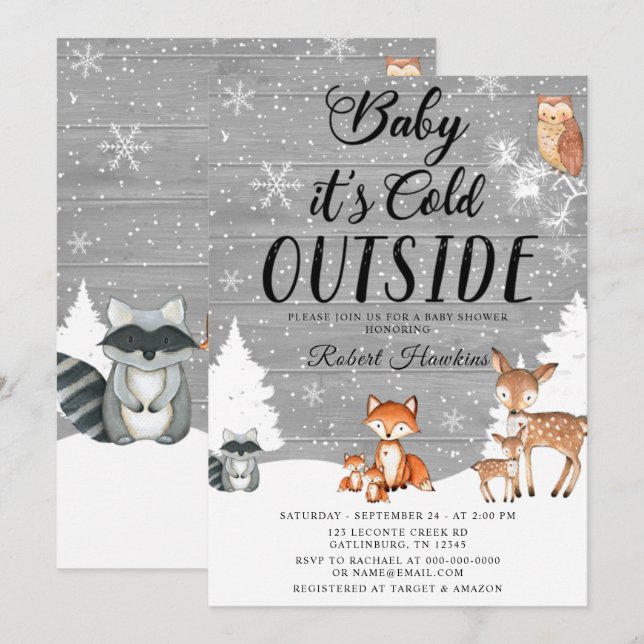Invitation Baby shower d'hiver des animaux des bois (Devant / Derrière)