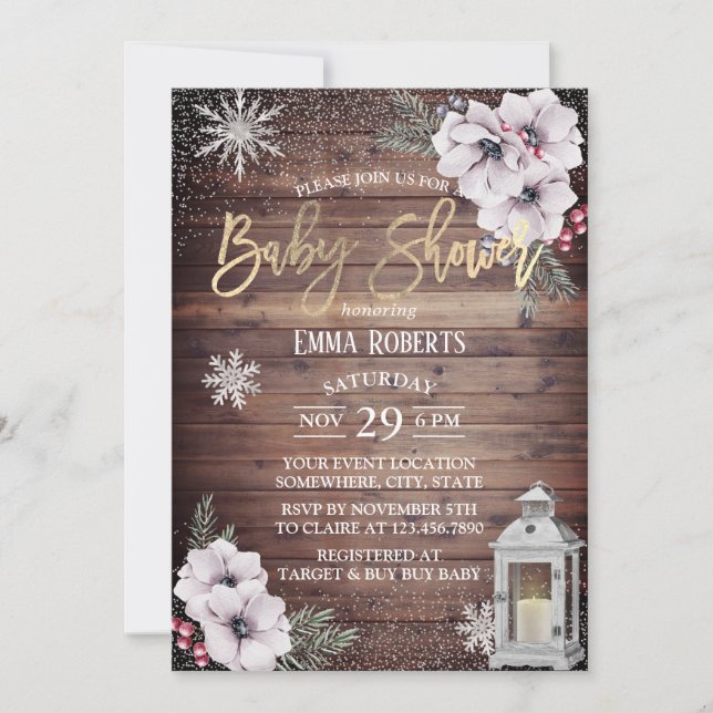 Invitation Baby shower d'hiver Flammes de neige à lanterne ru (Devant)