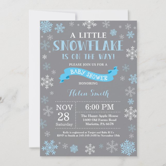 Invitation Baby shower d'hiver Flèche de neige bleu blanc et  (Devant)