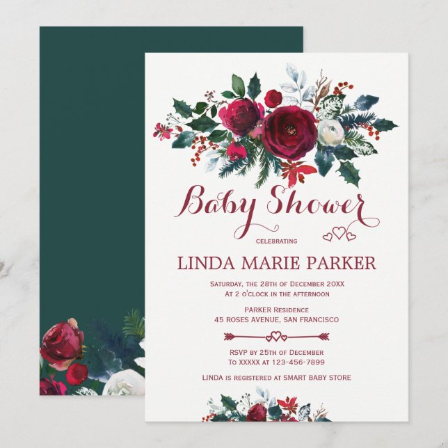 Invitation Baby shower d'hiver fleuri vert de pin de Bourgogn (Devant / Derrière)