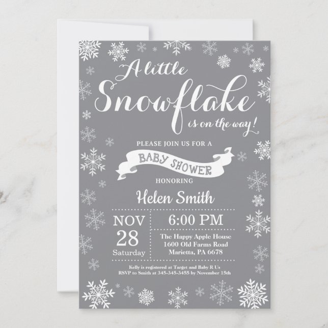 Invitation Baby shower d'hiver Flocon de neige blanc et gris (Devant)