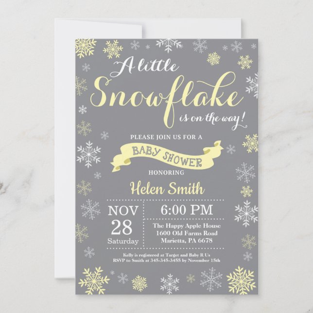 Invitation Baby shower d'hiver Flocon de neige jaune blanc et (Devant)