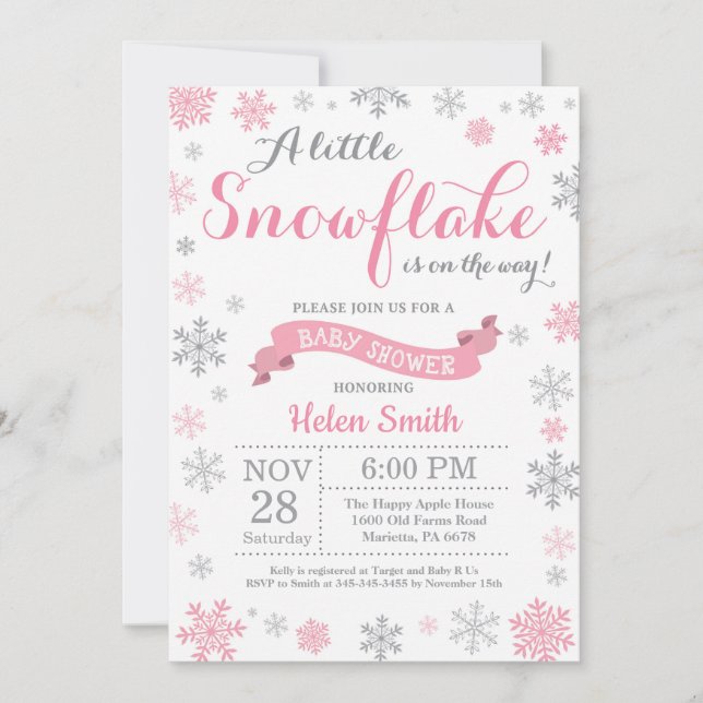 Invitation Baby shower d'hiver Flocon de neige ros (Devant)