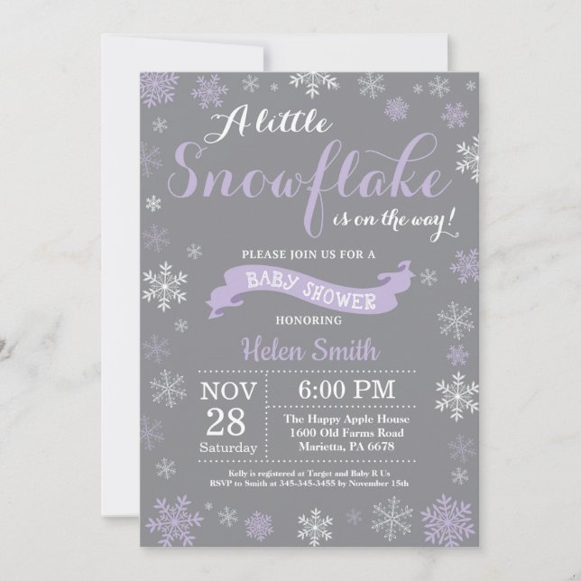 Invitation Baby shower d'hiver Flocon de neige violet blanc e (Devant)