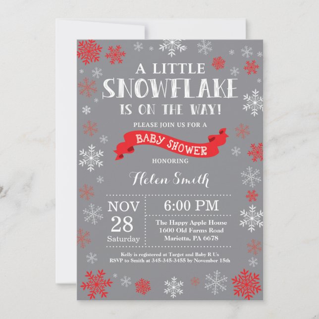 Invitation Baby shower d'hiver Flocon rouge blanc et gris (Devant)