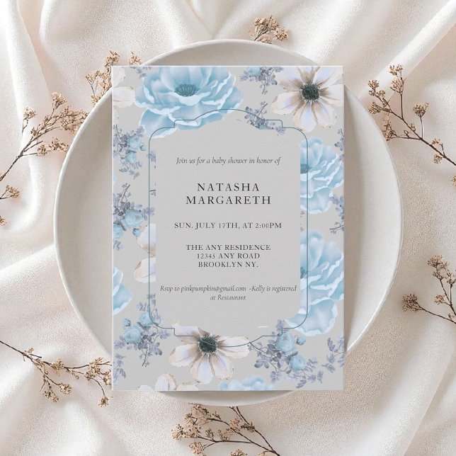 Invitation Baby shower d'hiver Floral Argent Bleu Élégant Boh (Créateur téléchargé)