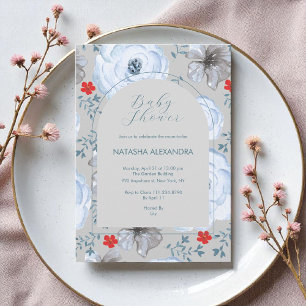 Invitation Baby shower d'hiver Floral Argent Bleu Élégant Boh