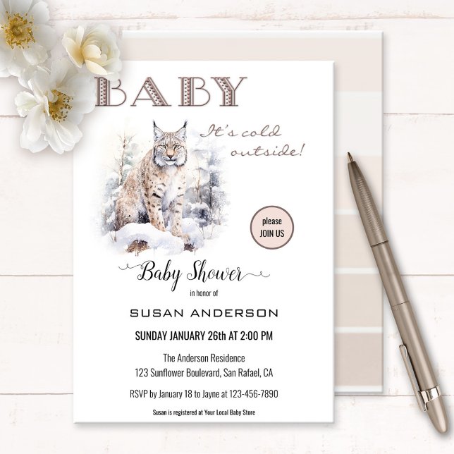 Invitation Baby shower d'hiver Lynx d'aquarelle (A watercolor baby shower invitation featuring a lynx in snow. Beautiful for cat and nature lovers)
