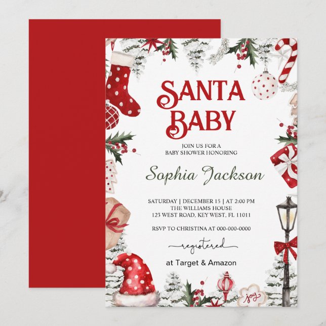 Invitation Baby shower d'hiver Noël Père Noël bébé (Devant / Derrière)
