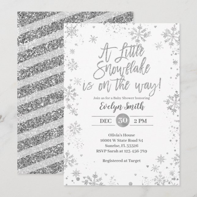 Invitation Baby shower d'hiver Parties scintillant d'argent (Devant / Derrière)
