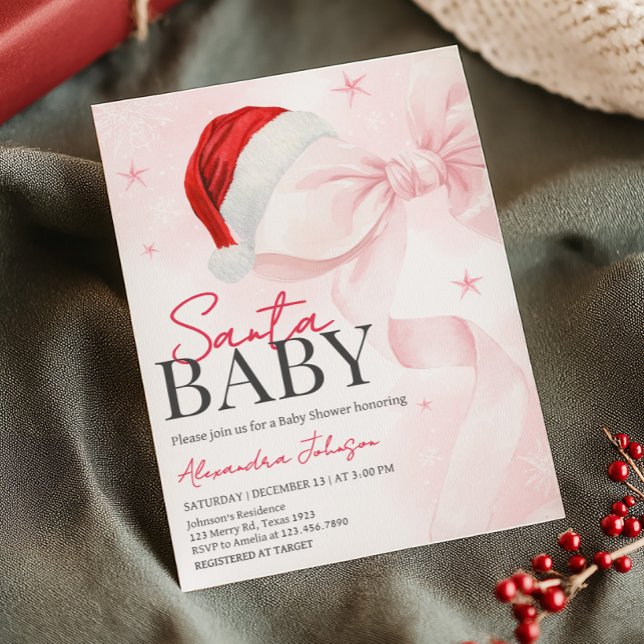 Invitation Baby shower d'hiver Pink Bow (Coquette Pink Bow Santa Baby Christmas Baby Shower Invitation)