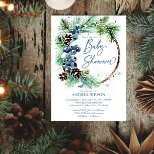 Invitation Baby shower d'hiver pins enneigés wreath bleu pous