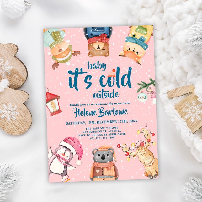 Invitation Baby shower d'hiver pour filles en bois rose (Pink Woodland Animals Baby Girl Winter Baby Shower Invitation)