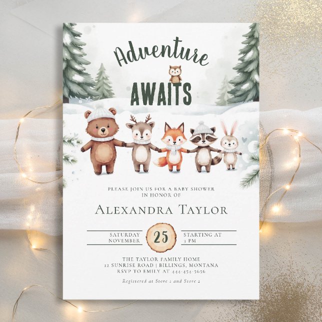 Invitation Baby shower d'hiver pour les animaux en bois (winter baby shower invitation adventure awaits woodland animals cute watercolor forest)