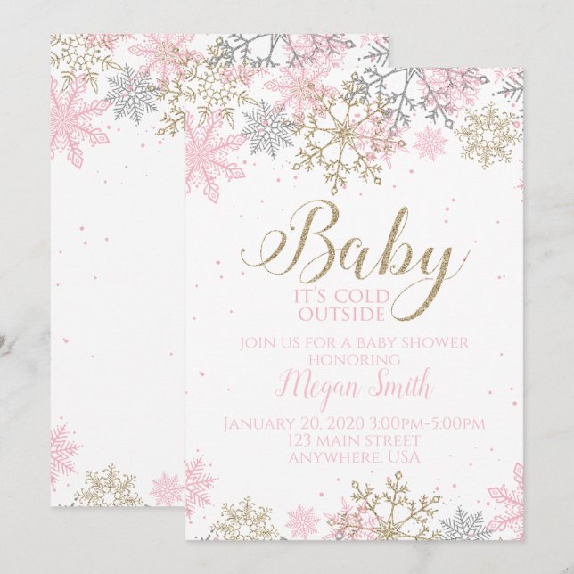 Invitation Baby shower d'hiver rose et doré (Devant / Derrière)
