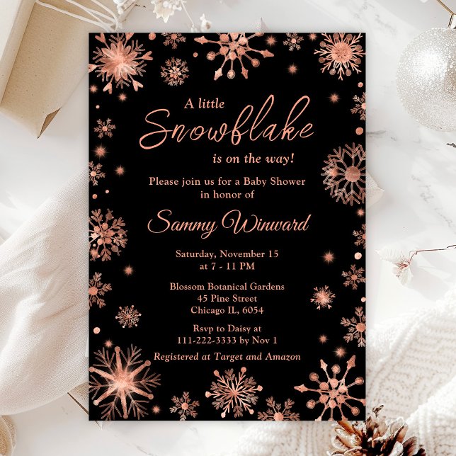 Invitation Baby shower d'hiver rose Gold Snowflakes (Créateur téléchargé)