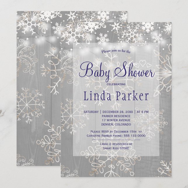 Invitation Baby shower d'hiver rustique de la Marine blanche (Devant / Derrière)