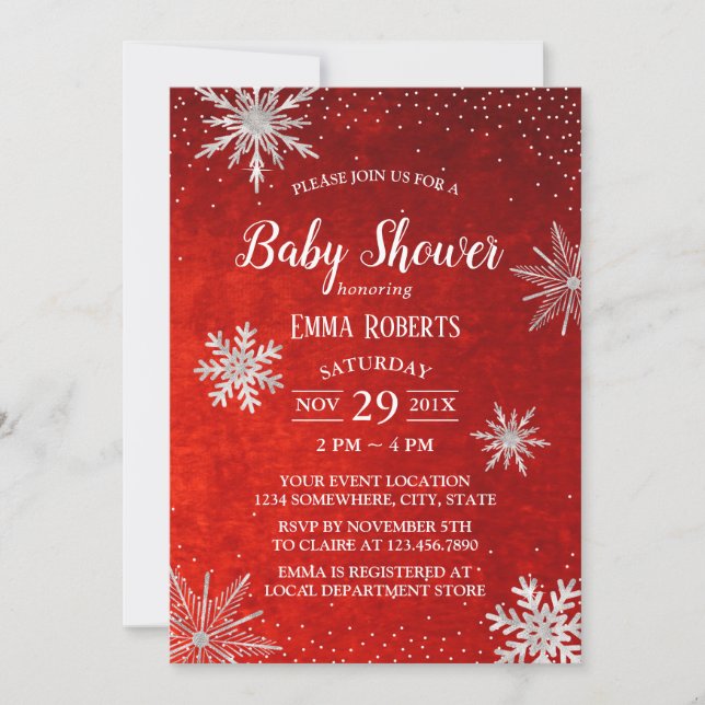 Invitation Baby shower d'hiver Silver Snowflakes Élégant roug (Devant)