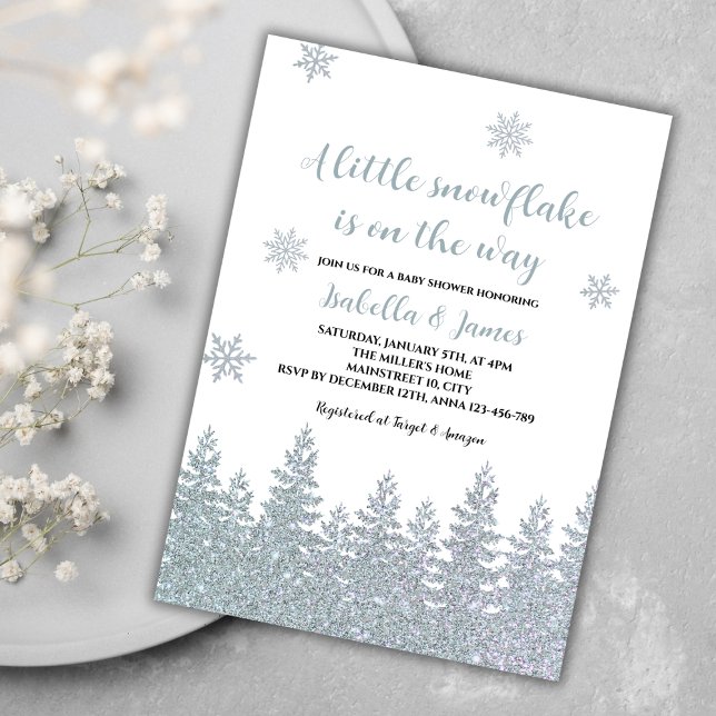 Invitation Baby shower d'hiver Woodland Little Snowflake (winter baby shower invitation gender neutral woodland silver glitter little snowflake on the way)