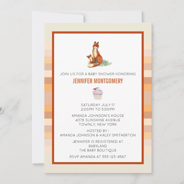 Invitation Baby shower d'illustration d'aquarelle Fox et Baby (Devant)