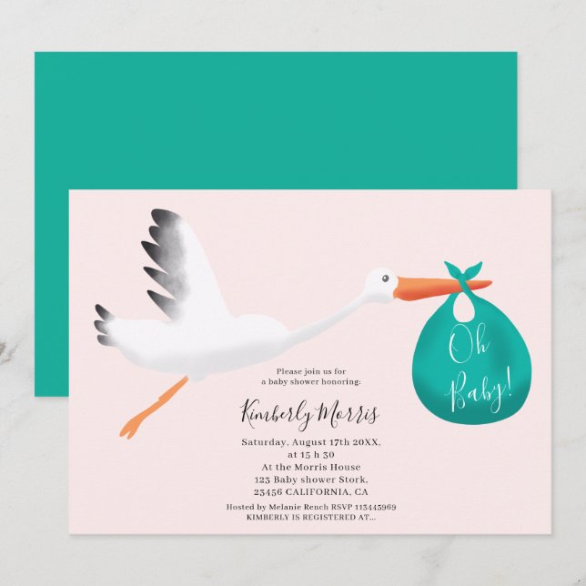 Invitation Baby shower d'illustration de sac turquoise à cigo (Devant / Derrière)
