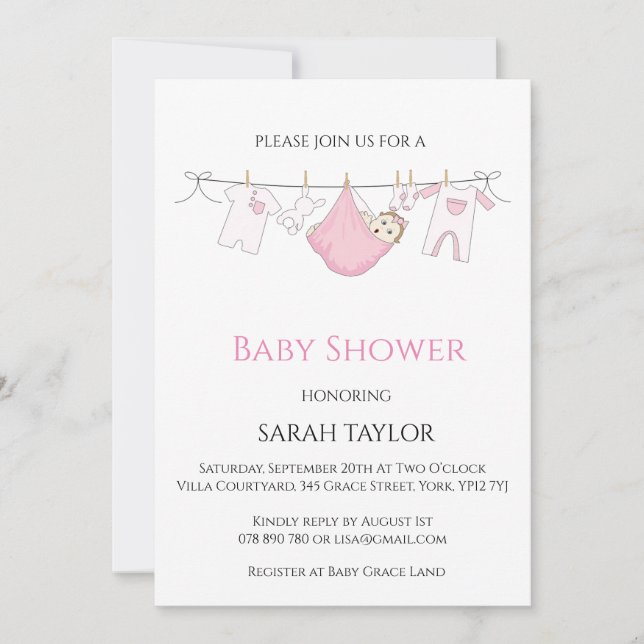 Invitation Baby shower d'illustration rose simple (Devant)