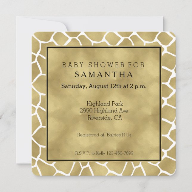 Invitation Baby shower d'impression de girafe or et blanc (Devant)