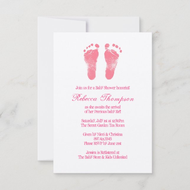 Invitation Baby shower d'impression de pieds roses et blancs (Devant)
