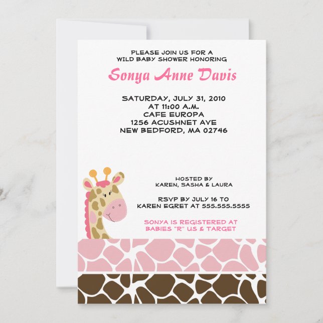 Invitation Baby shower d'impression Jungle Giraffe (rose) 5x7 (Devant)