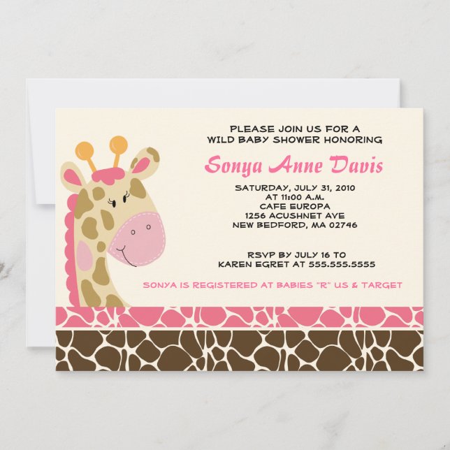Invitation Baby shower d'impression Jungle Giraffe (rose) 5x7 (Devant)